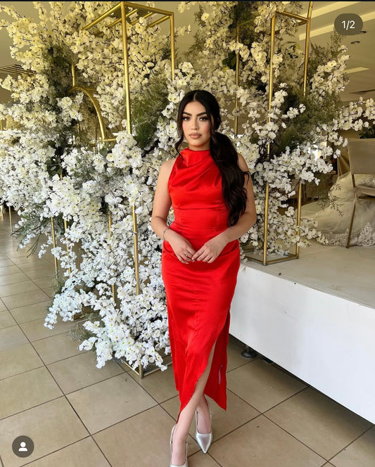 Red satin midi dress